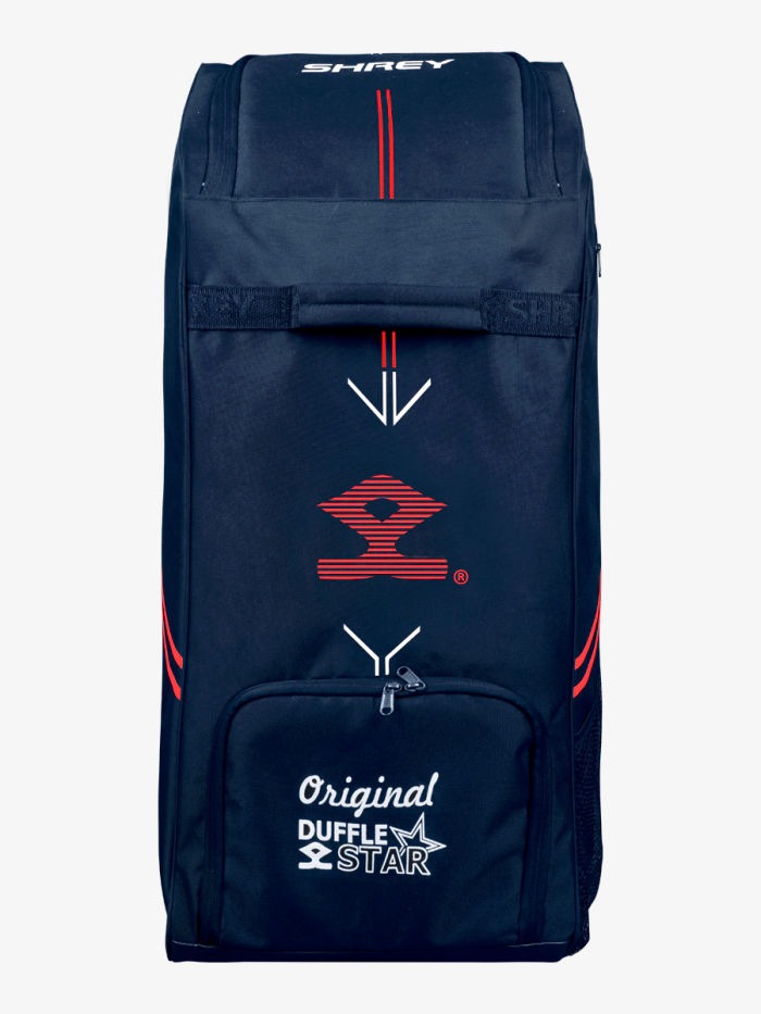 Navy duffle bag with red and white accents on a white background Back view of Shrey Star duffle cricket kit bag with shoulder straps