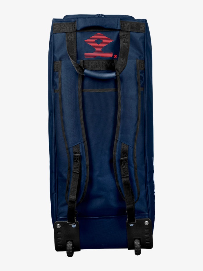 Blue duffel bag with black straps and wheels Side pocket and zip of Shrey Star duffle cricket kit bag
