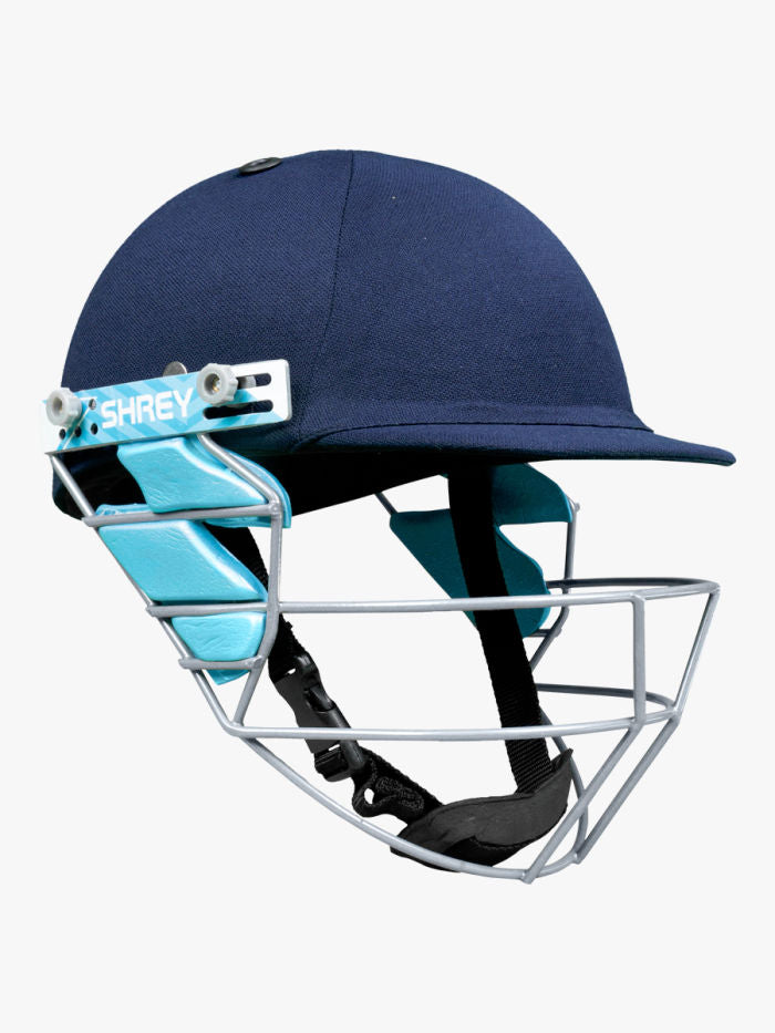 Navy blue cricket helmet with a protective face guard Shrey Star Junior 2.0 cricket helmet, front view