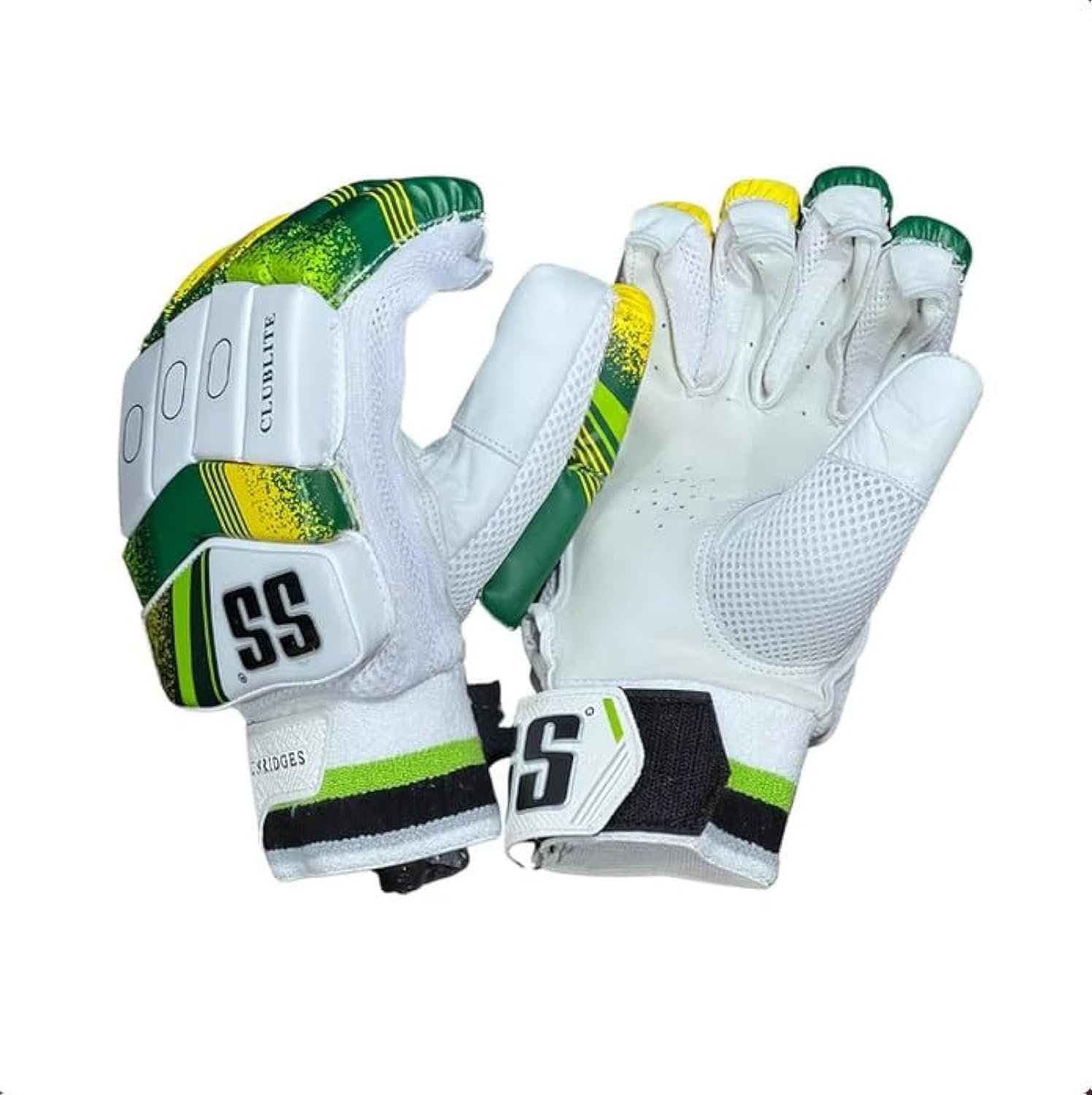 A pair of SS Clublite batting gloves with white, green, black, and yellow colors Pair of SS Clublite men's batting gloves, front view