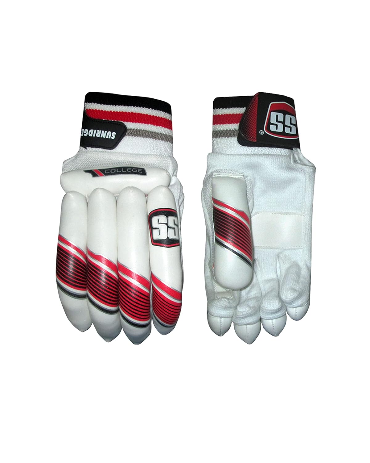 A pair of white, red, and gray SS College Mx batting gloves with embossed wrist tab Pair of SS College MX batting gloves built for superior grip and protection