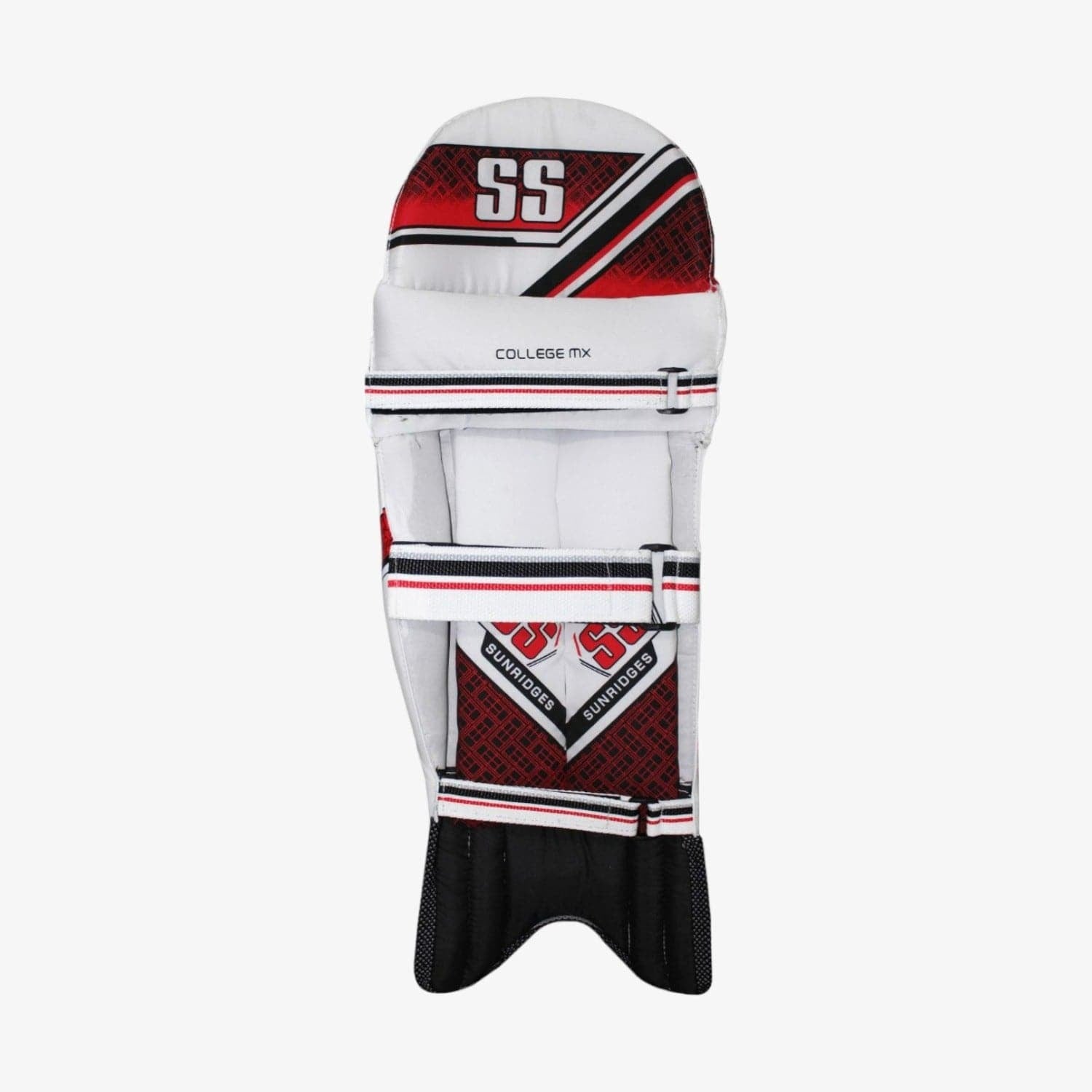 White sports pad with red and black Close-up of the stylish design on the SS College MX batting leg guards