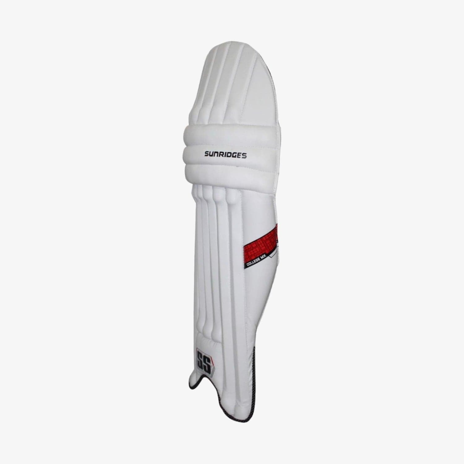 White cricket bat pad with 'Sunrider' Inner side of the SS College MX batting pads showing high-density foam