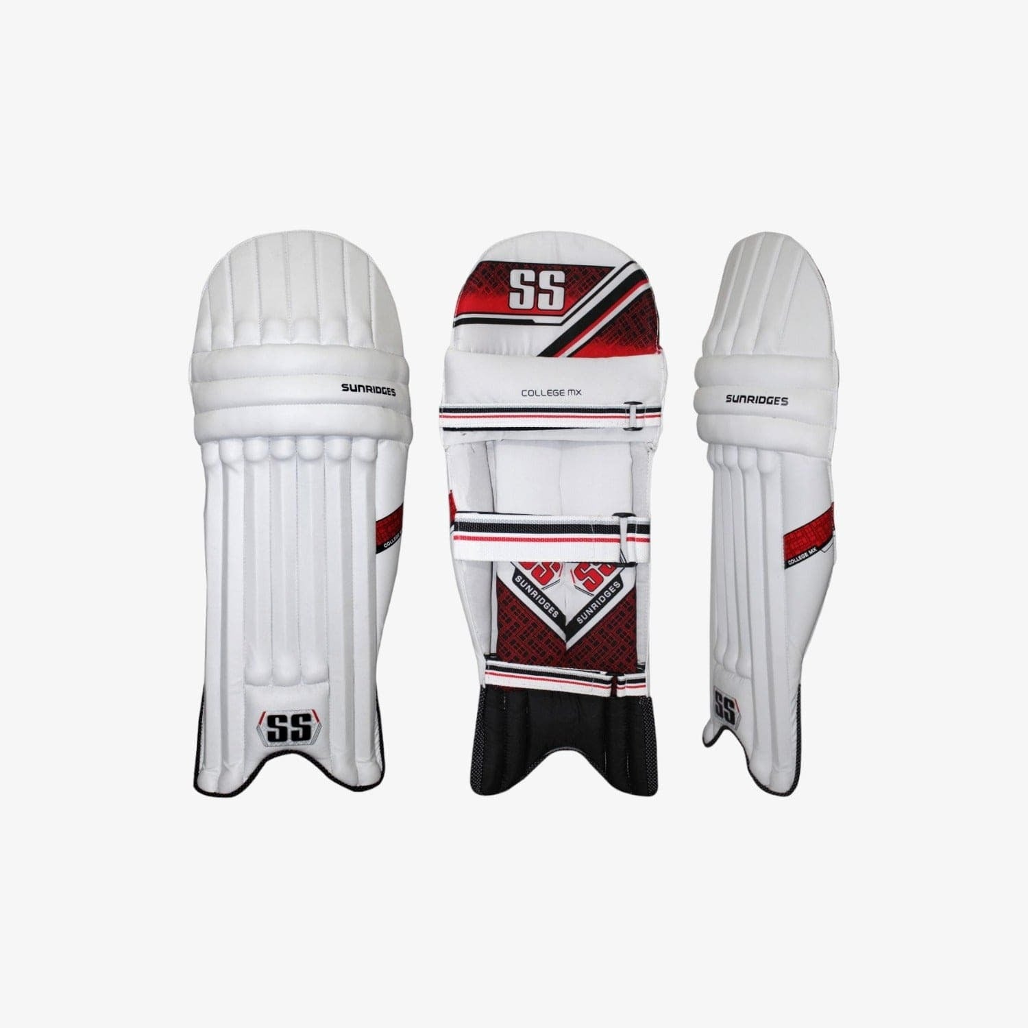 White cricket pads with red and black SS College MX men's batting pads, front view of the cricket leg guards