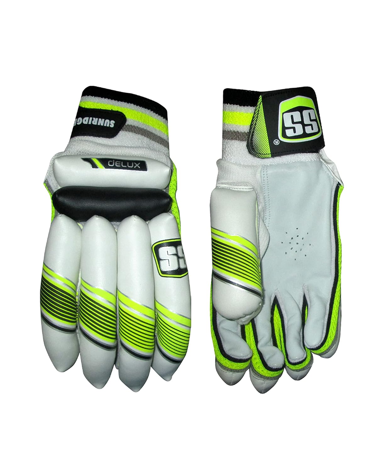 A pair of SS Deluxe Batting Gloves in white and green color Pair of SS Deluxe men's batting gloves with superior grip and protection
