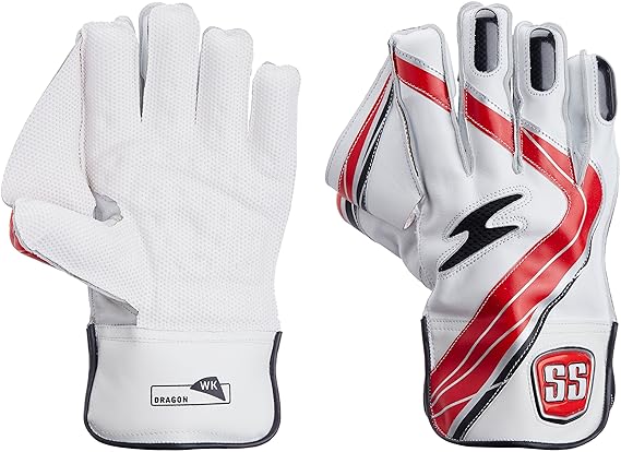 White sports gloves with red and black Pair of SS Dragon men's wicket keeping gloves, front view