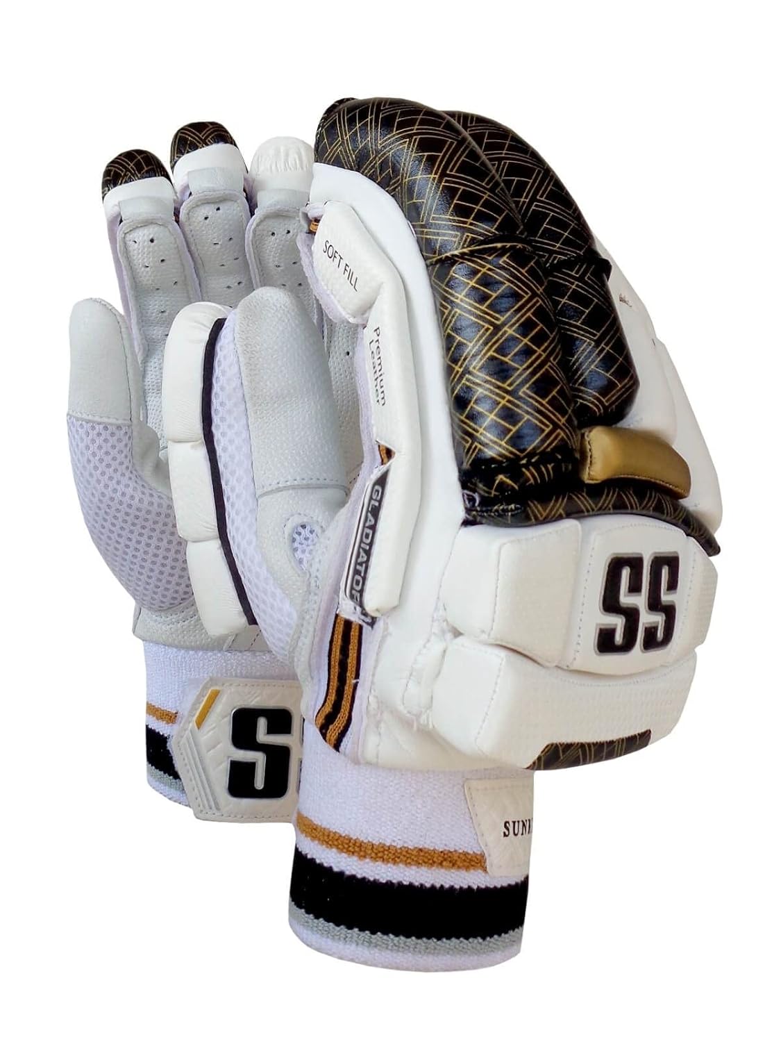 Pair of SS Gladiator cricket batting gloves on a plain background