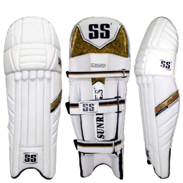 White cricket leg guards with gold ss-gladiator-mens-batting-pads-pair-on-white-background