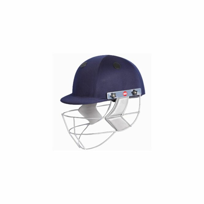 Navy blue cricket helmet with a silver grill SS Gutsy cricket helmet shown from the front on a plain background