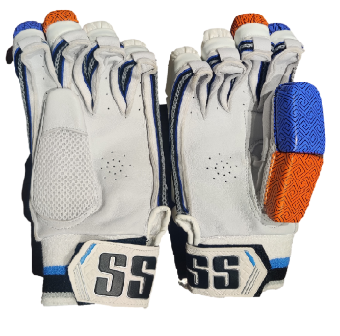 Pair of white gloves with blue and orange Palm side of the SS Platino batting gloves with a superior grip surface