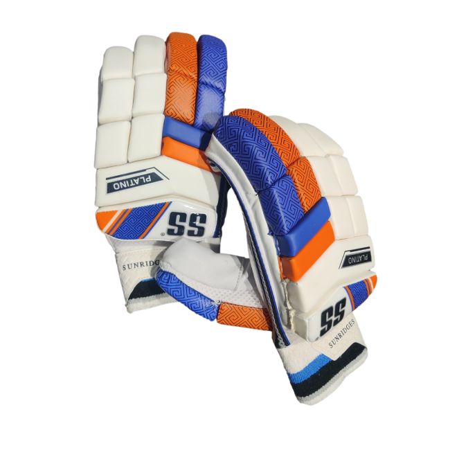 A pair of SS Platino batting gloves with white, blue, orange, and gray colors Pair of SS Platino men's batting gloves in a studio front view