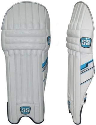 Pair of white cricket pads with blue SS Platino men's batting pads with premium PU facing and high-density foam