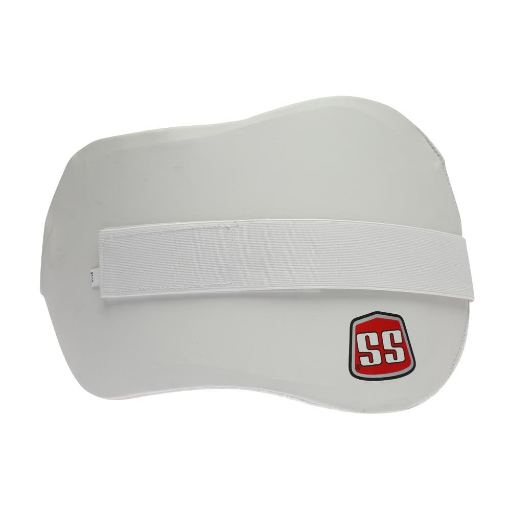 White visor with a red SS Player Series men's cricket chest guard, front view with PU facing