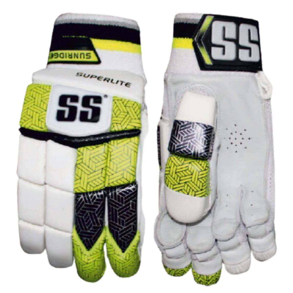 A pair of SS Superlite cricket batting gloves with a sheep leather palm and a secure Velcro wrist tab, primarily in white with black and green SS Superlite men's lightweight cricket batting gloves photographed as a pair.
