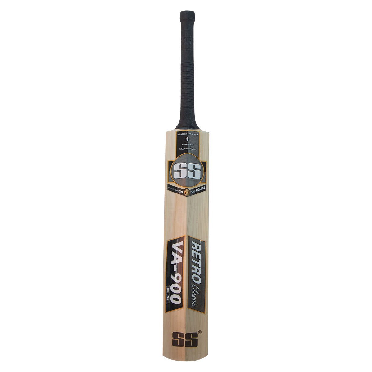 An SS VA-900 Ruby Kashmir Willow Cricket Bat with a black grip Kashmir willow face and grain lines on the SS VA 900 Ruby cricket bat