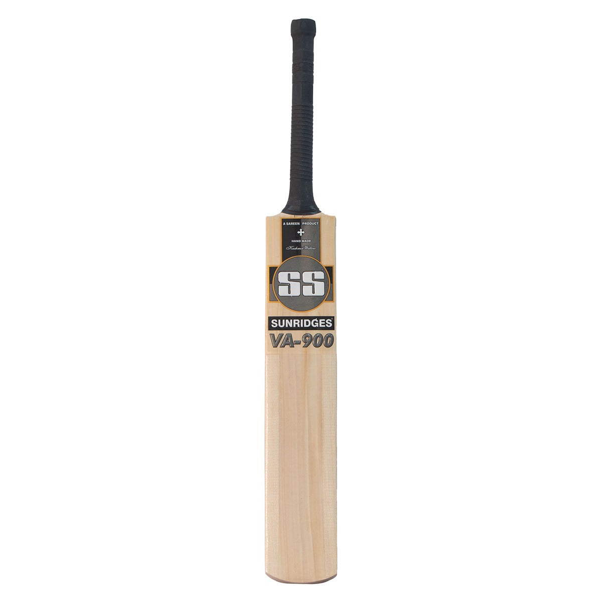 An SS VA 900 Ruby Kashmir Willow Cricket Bat with a black grip SS VA 900 Ruby Kashmir willow cricket bat standing upright against a plain background