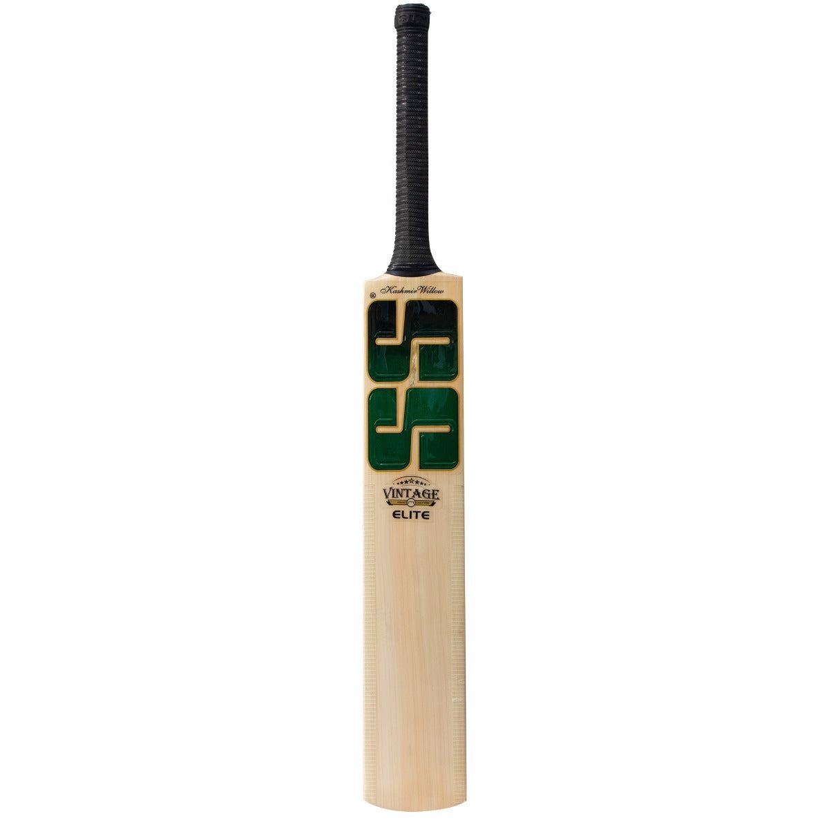 An SS Vintage Elite Kashmir Willow Cricket Bat with a green and black SS Vintage Elite Kashmir willow cricket bat standing upright against a plain background