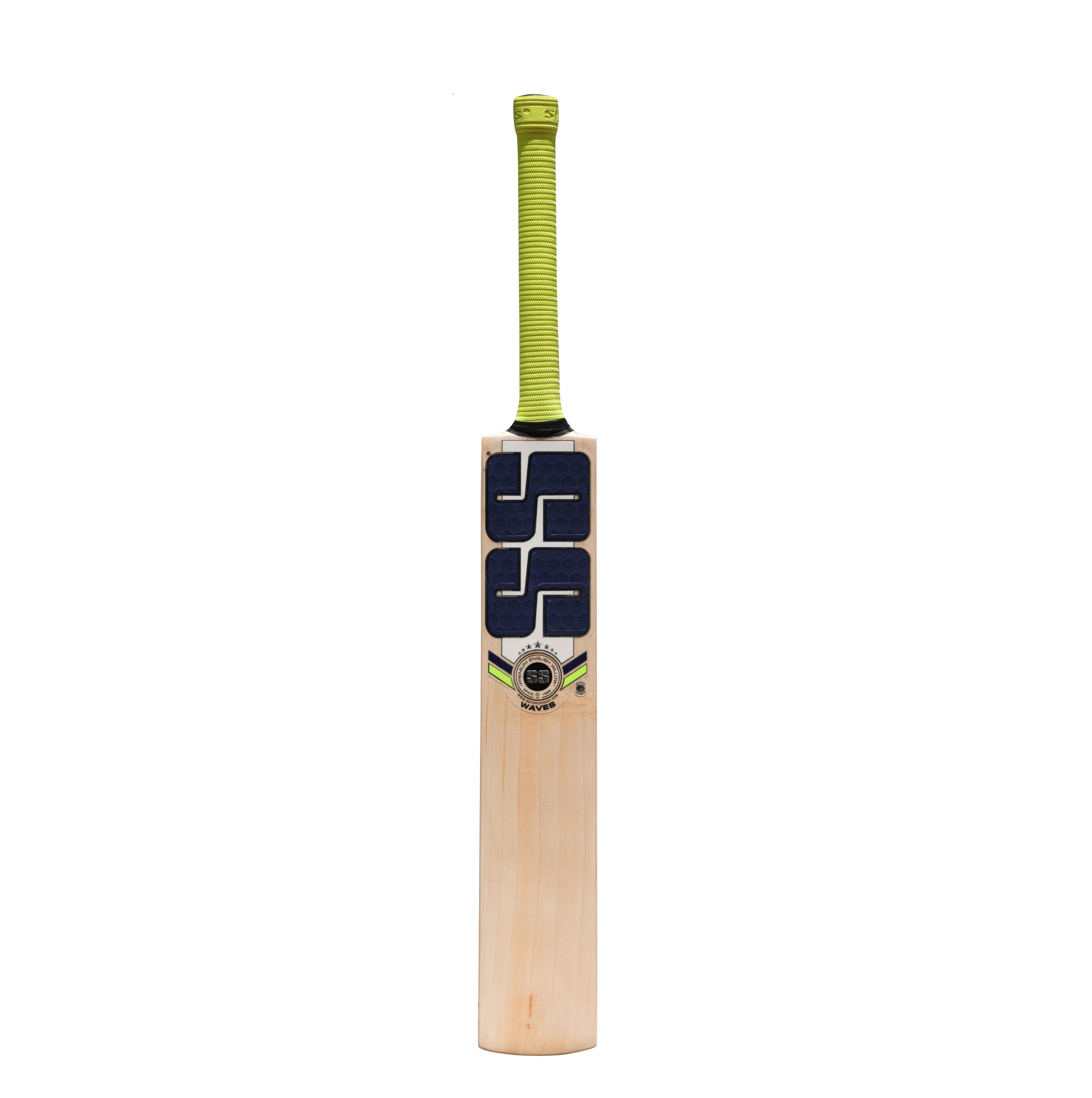 An SS Waves English Willow Cricket Bat with a green grip SS Waves English willow cricket bat photographed upright in a studio setting