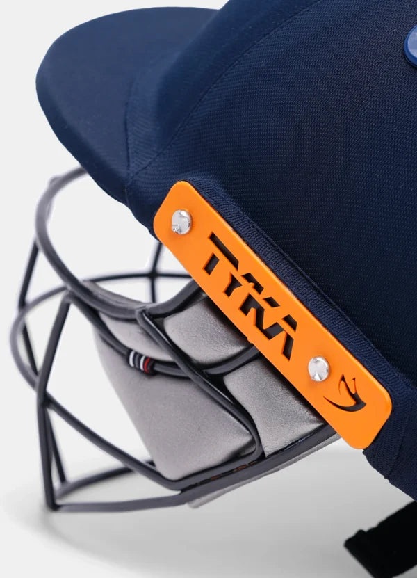 Close-up of the steel visor bars on the Tyka Atlas youth cricket helmet