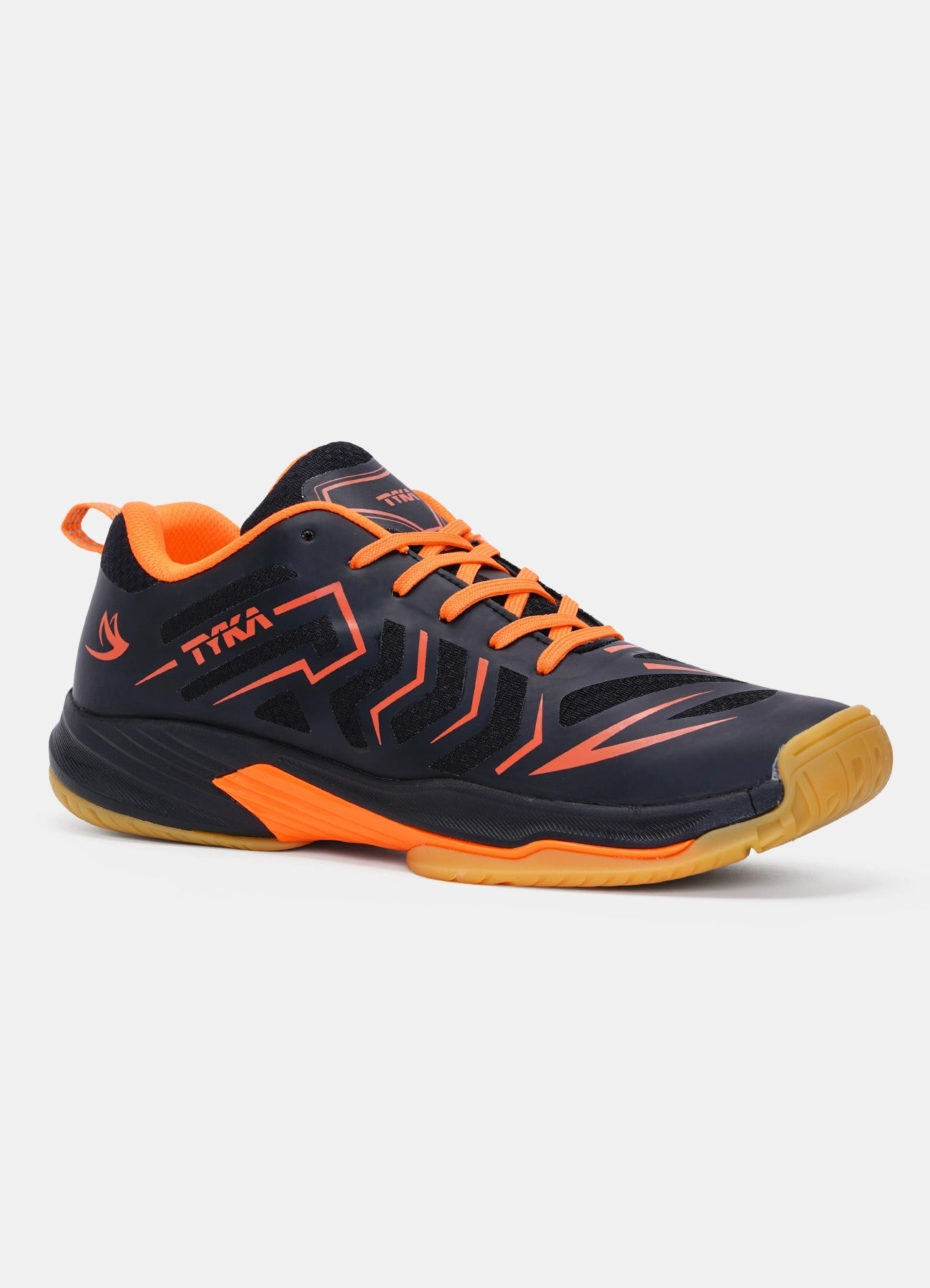 A pair of Tyka Court Lite Shoes in navy and orange color with a full rubber sole lightweight court sports footwear