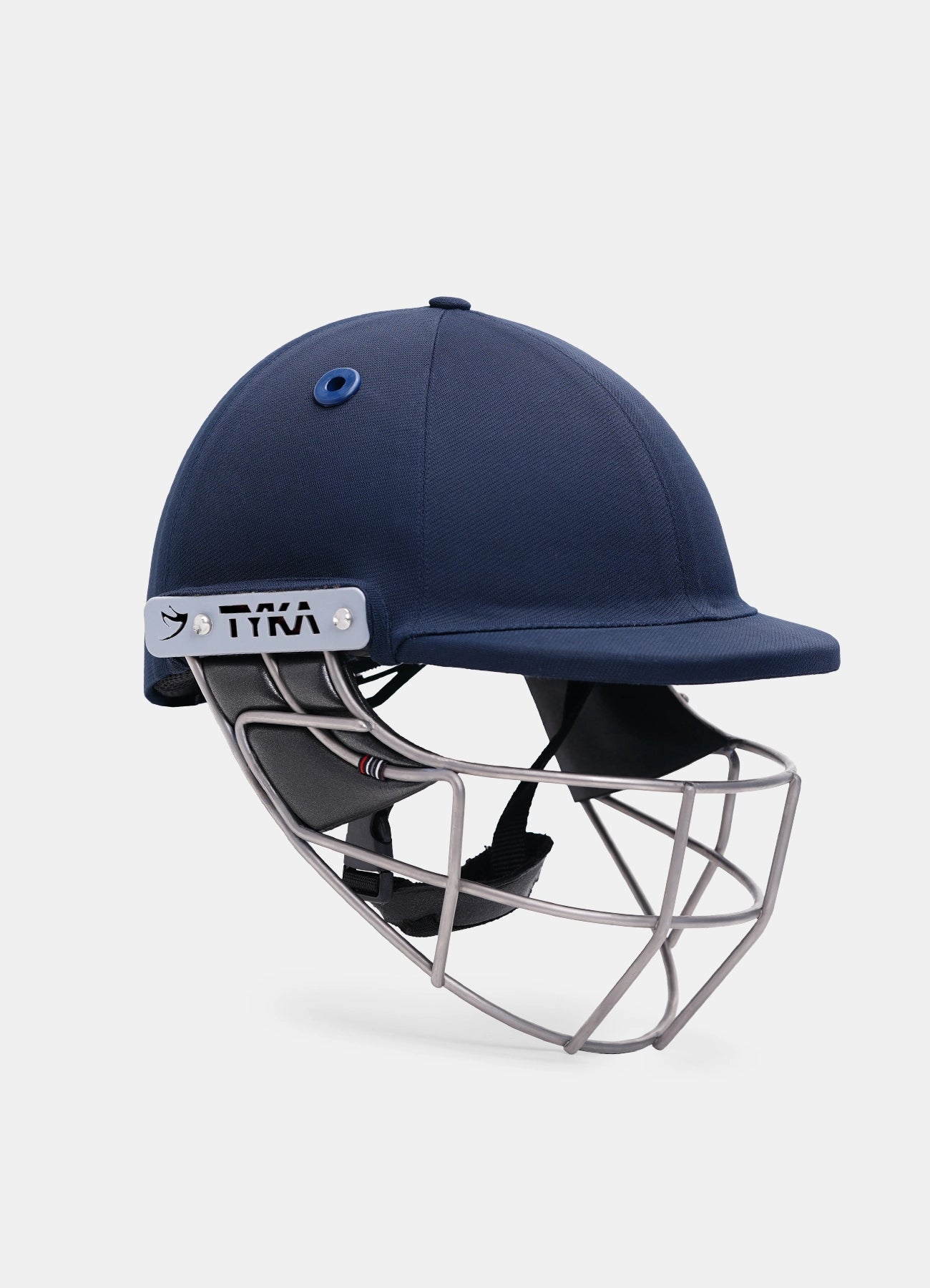 Navy blue cricket helmet with face guard Tyka Force Match Titanium cricket helmet, front view with titanium grille