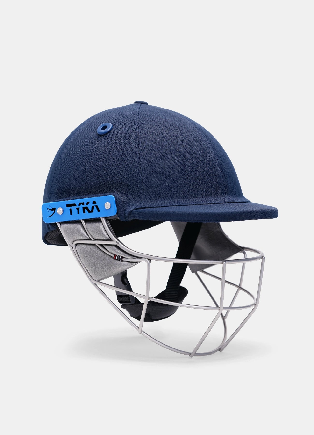 Navy blue cricket helmet with a metal grill Tyka Force cricket helmet with stainless steel visor, front view