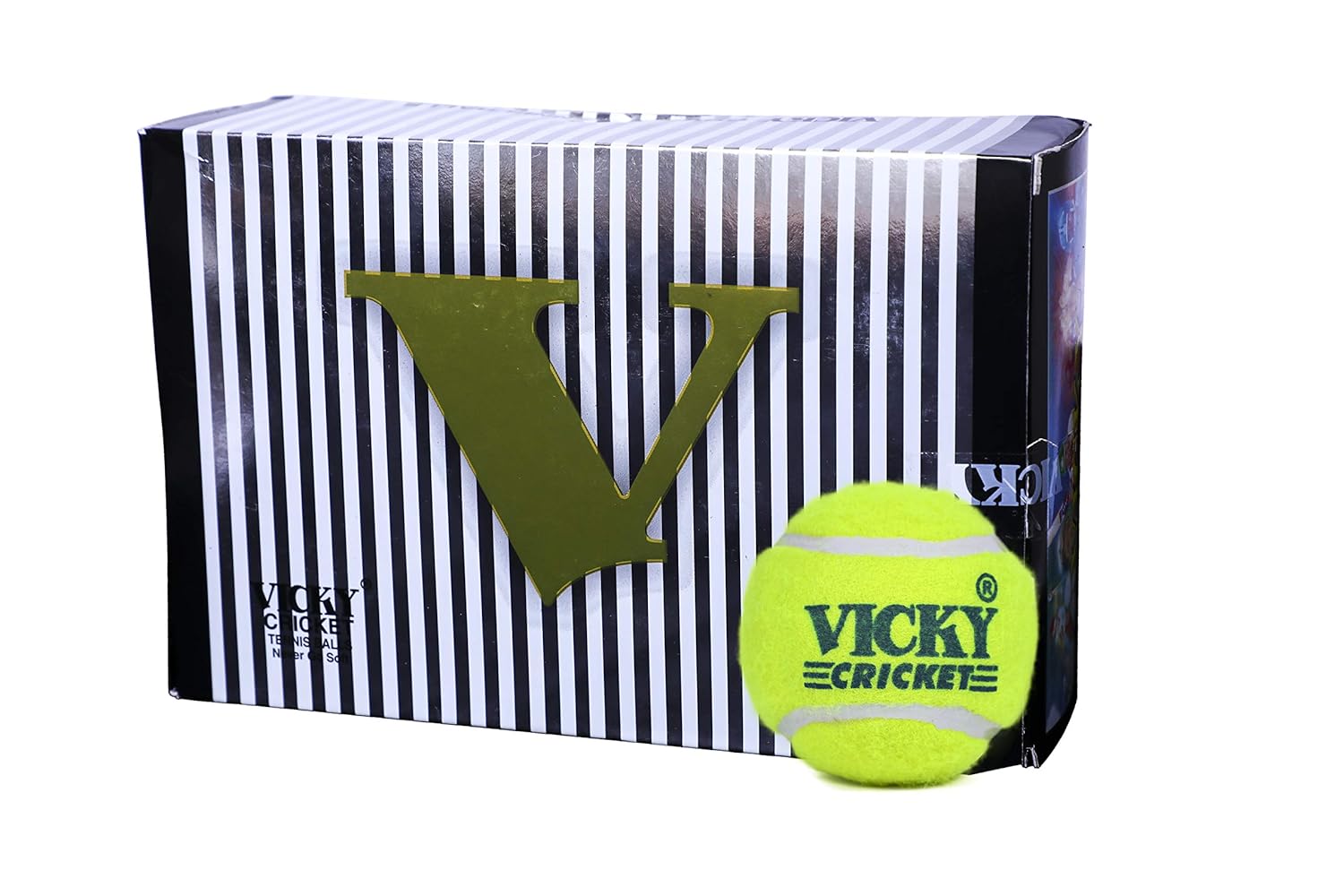 Yellow tennis ball with 'Vicky Cricket' tennis ball with durable design for cricket practice