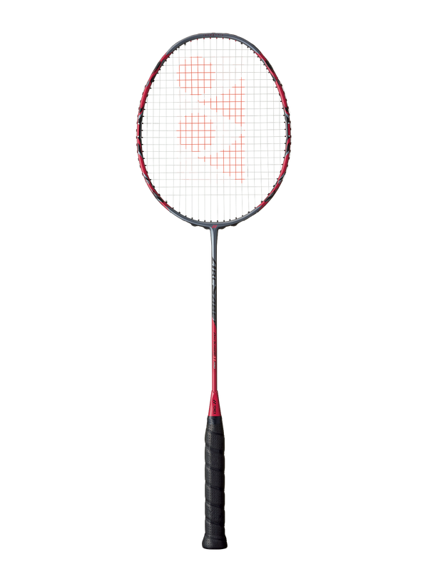 A Yonex ARC 11 Pro badminton racket with a black grip, red frame, and white strings with premium performance design
