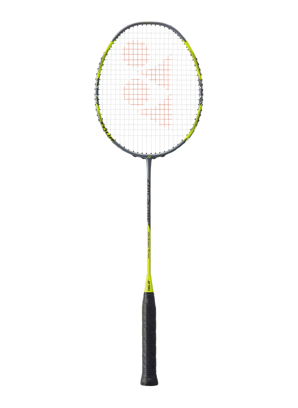 A Yonex Arc 7 Tour badminton racket with a black grip, green shaft with Isometric head design and balanced frame