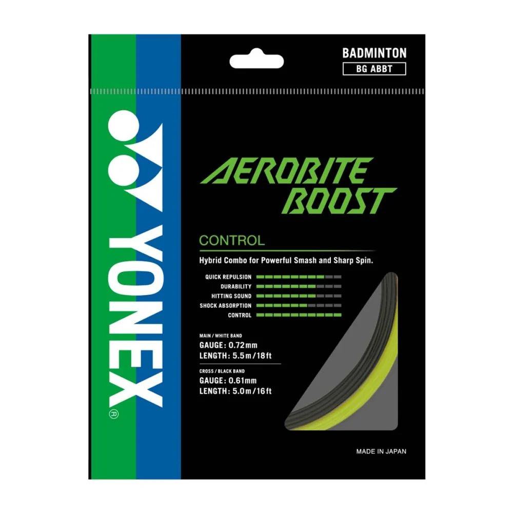 Yonex BG Aerobite Boost badminton string in Gray Yellow with Vectran crosses