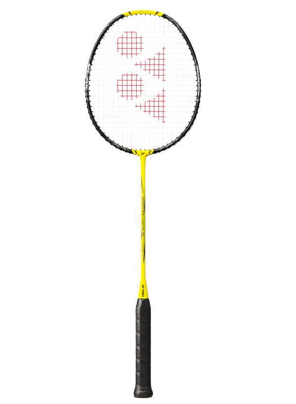 A Yonex Nanoflare 1000 Play badminton racket with a yellow frame and black grip, lightweight head-light frame