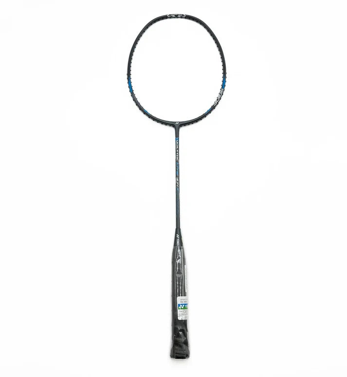 A Yonex Voltric Lite 47I badminton racket with black grip and frame, blue for fast and precise gameplay with lightweight design